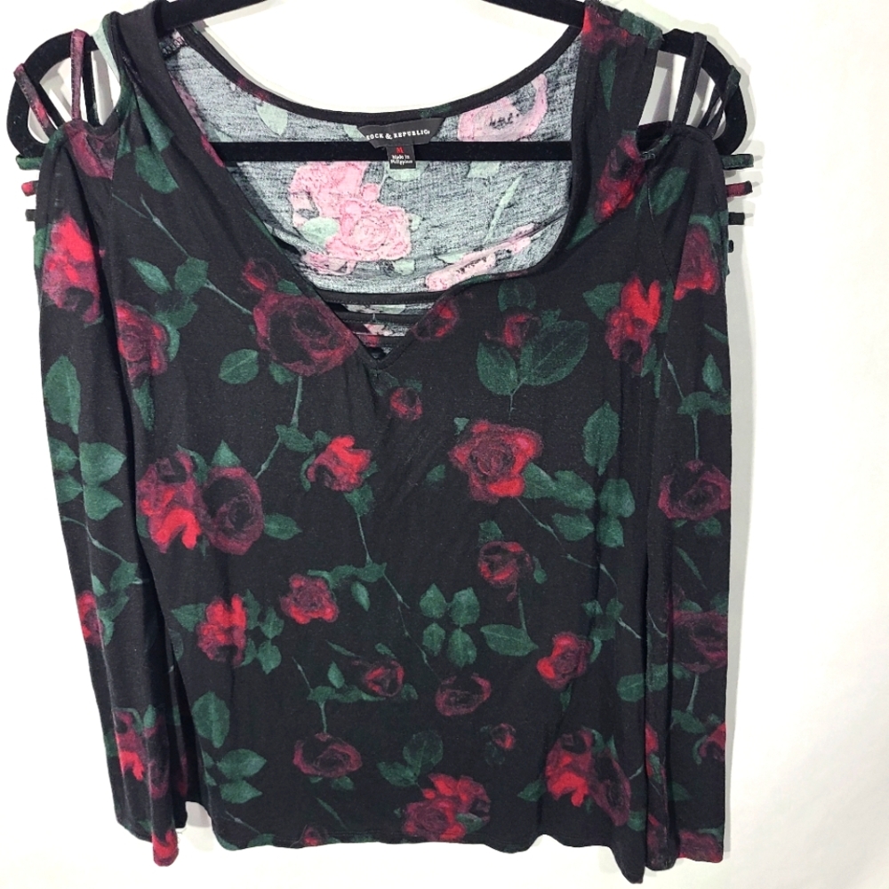 Rock & Republic Women's Size Medium Black Floral Blouse Off Shoulder Top Shirt